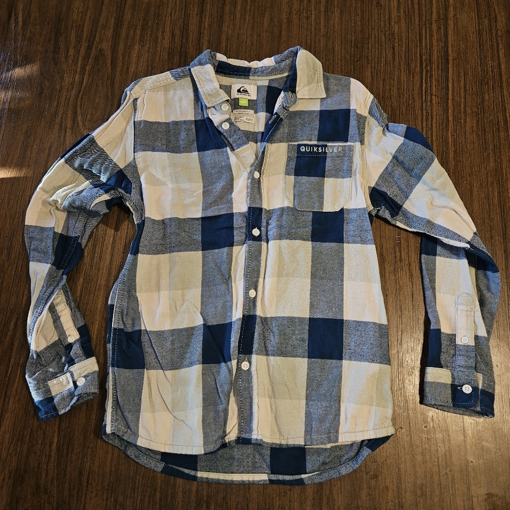 QUIKSILVER Boy's Size Medium Blue Checks Long Sleeve Flannel Button Front Shirt